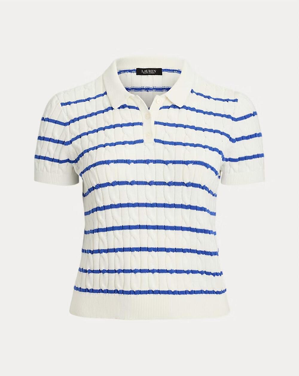 NEW RALPH LAUREN women's striped cable-knit cotton polo sweater in blue